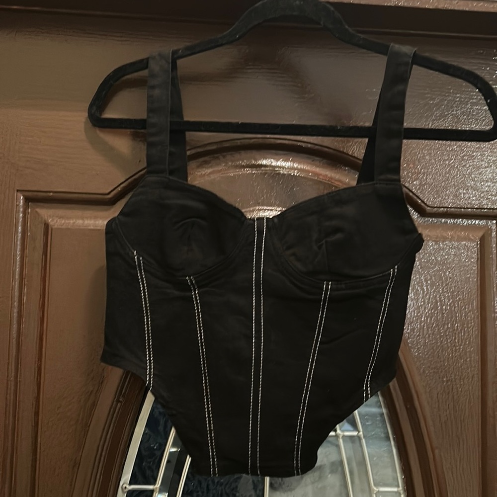Zara black corset top w/ white stitching back zipper size small with tags
